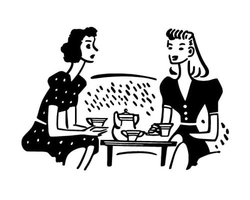 1950s style graphic black and white two women having tea